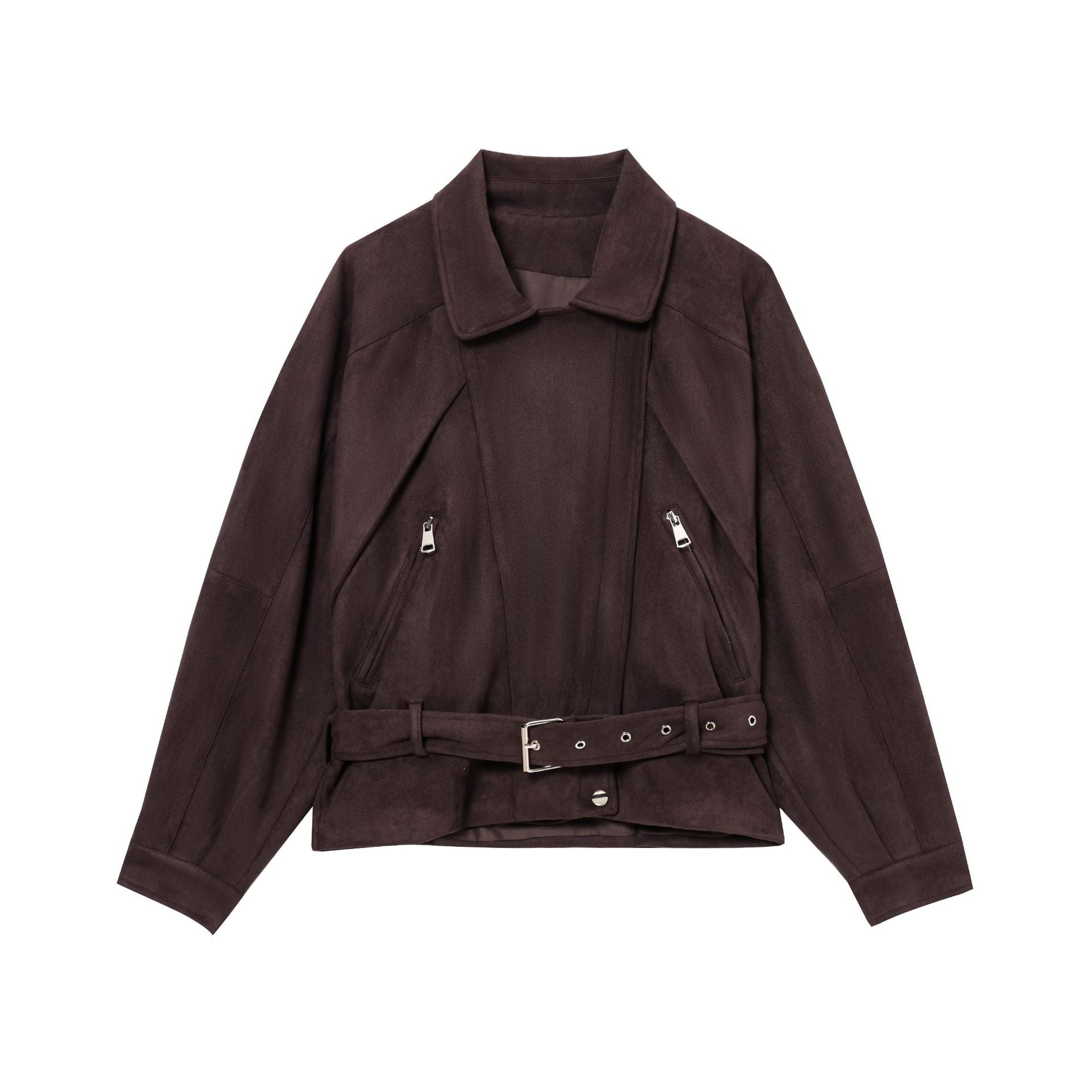Damen Elegante Wildlederjacke mit modischen Schnallen und praktischen Taschen R&B