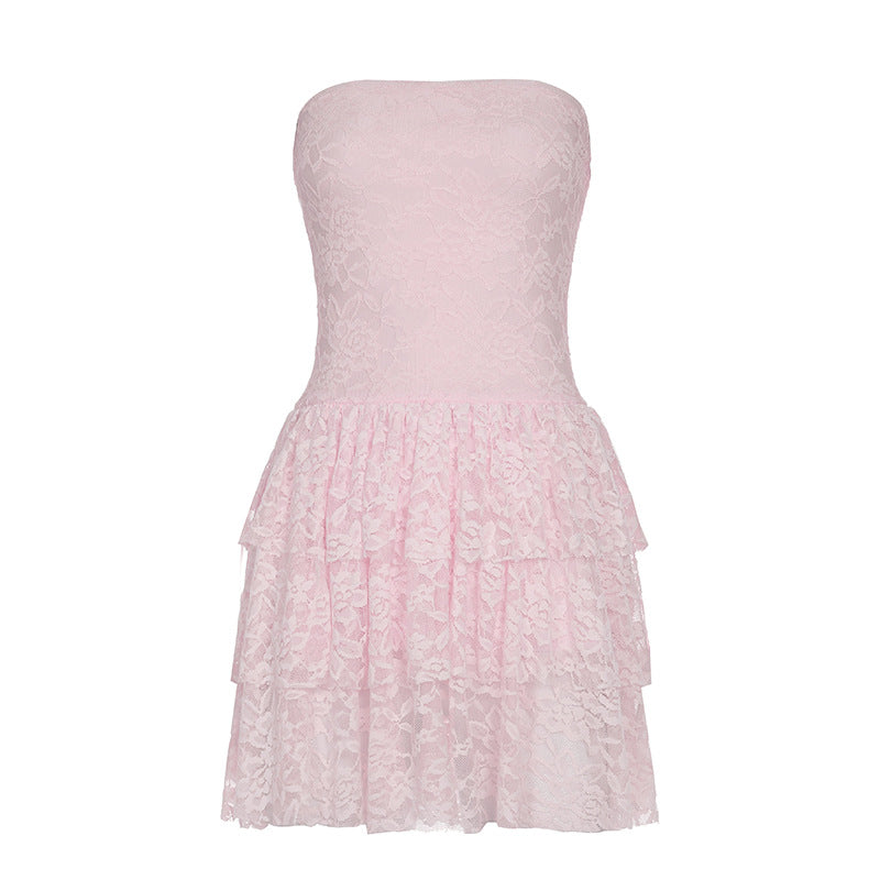 Damen Spitzenkleid mit voluminösem Rock und trägerlosem Design R&B