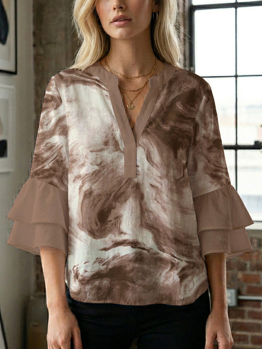 Damen lässige Bluse mit Volantärmeln und botanischem Druck R&B