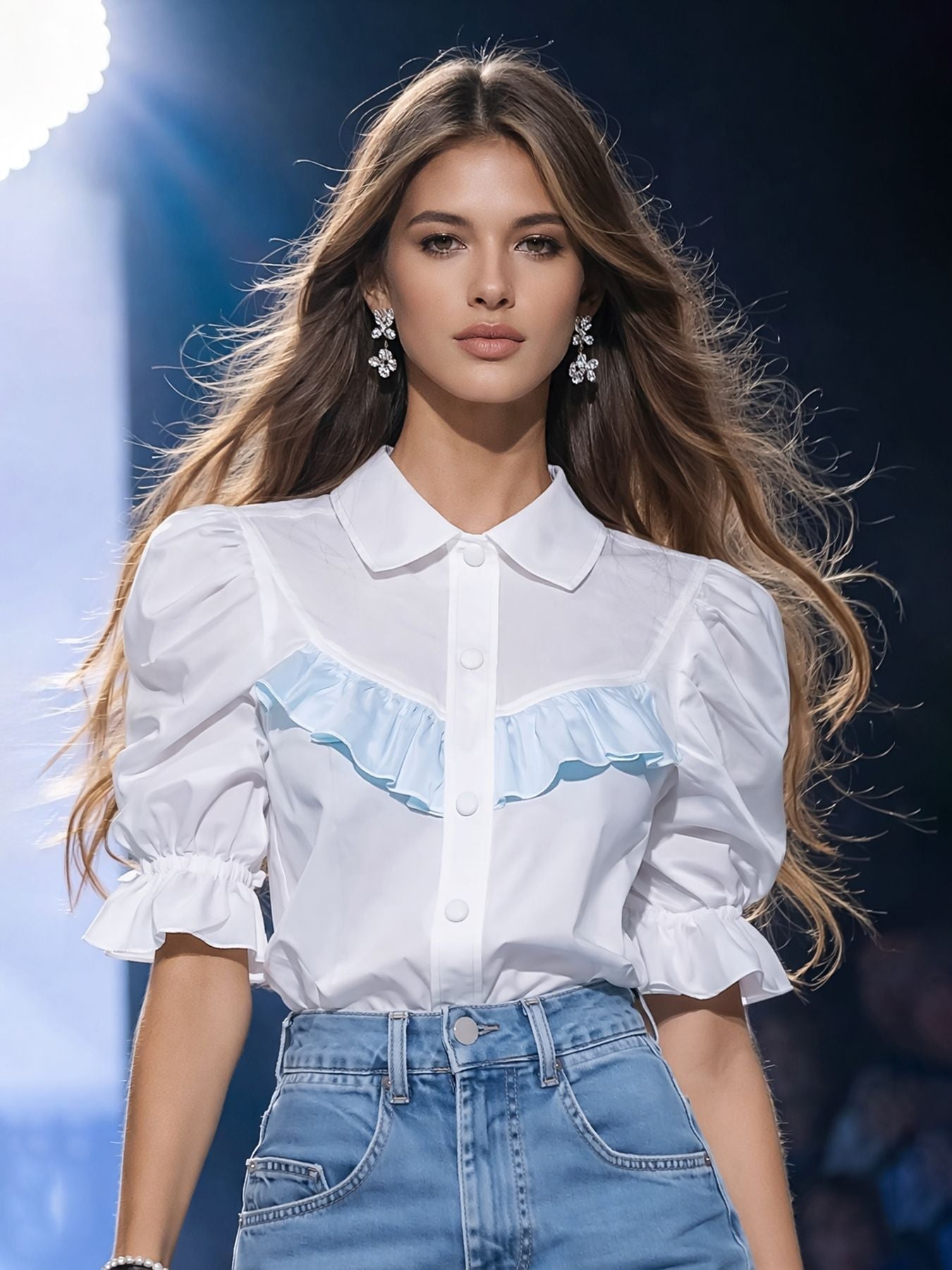 Damen Modische Bluse mit Rüschendetails und Puffärmeln R&B