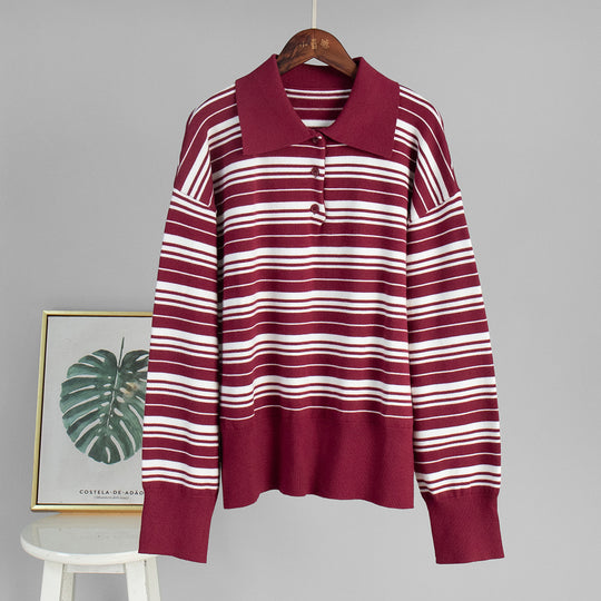 Damen Gestreifter Polo-Pullover mit Knopfleiste und langem Schnitt R&B