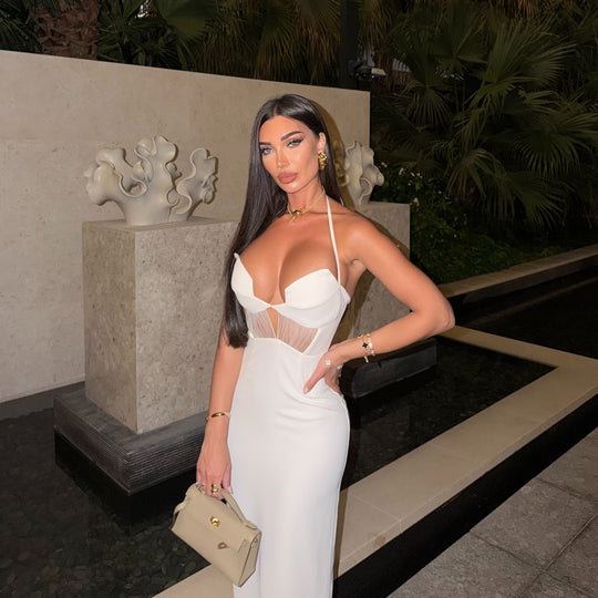 Damen elegantes Cut-Out Maxikleid mit tiefem V-Ausschnitt und transparenten Akzenten R&B