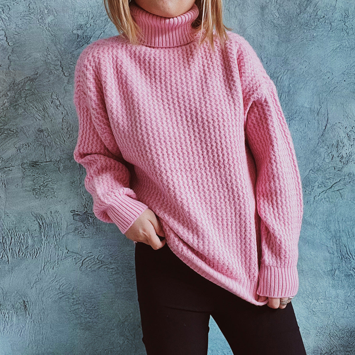 Damen Grobstrickpullover mit strukturiertem Muster und hohem Kragen R&B