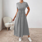 Damen lässiges Maxikleid mit elastischem Taillenbund und Rundhalsausschnitt R&B