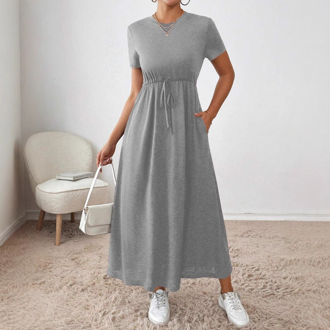 Damen lässiges Maxikleid mit elastischem Taillenbund und Rundhalsausschnitt R&B