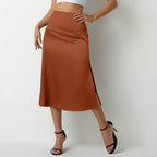 Damen eleganter Satin-Midirock mit fließendem Schnitt und hohem Bund R&B