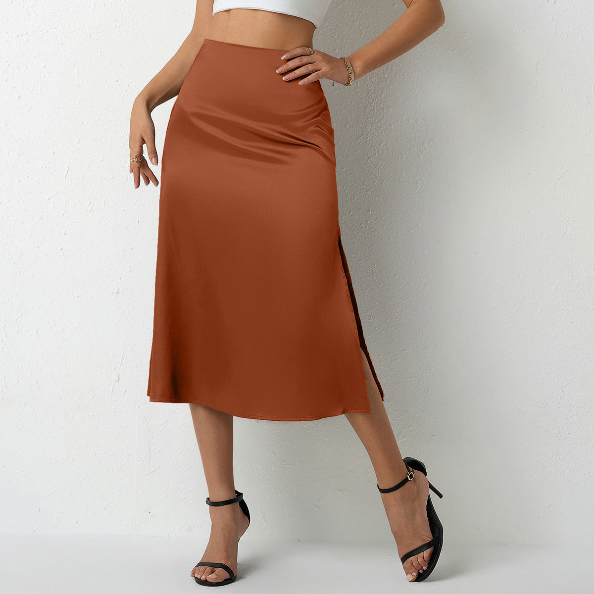 Damen eleganter Satin-Midirock mit fließendem Schnitt und hohem Bund R&B