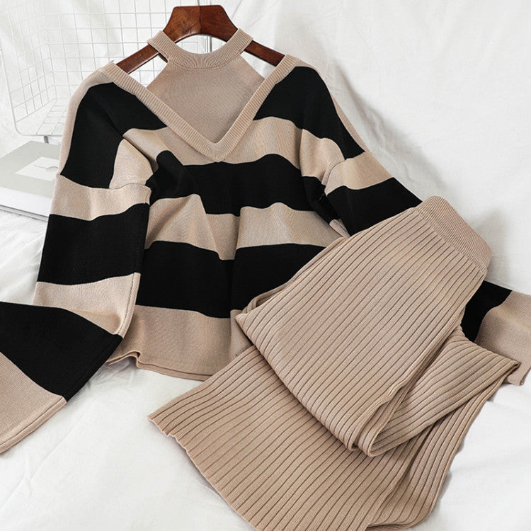 Damen modisches Strick-Loungewear-Set mit Streifenmuster und hohem Kragen R&B