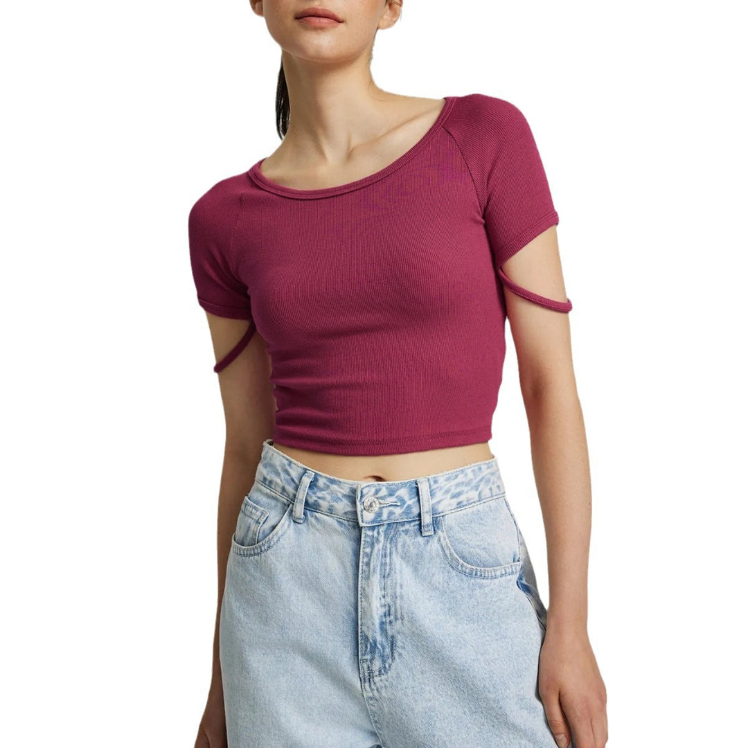 Damen kurzärmliges enganliegendes Crop-Top mit Rundhalsausschnitt R&B