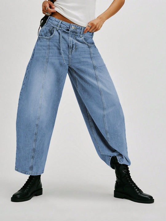 Damen Lässige Weite Denim-Hose mit Tunnelzug R&B
