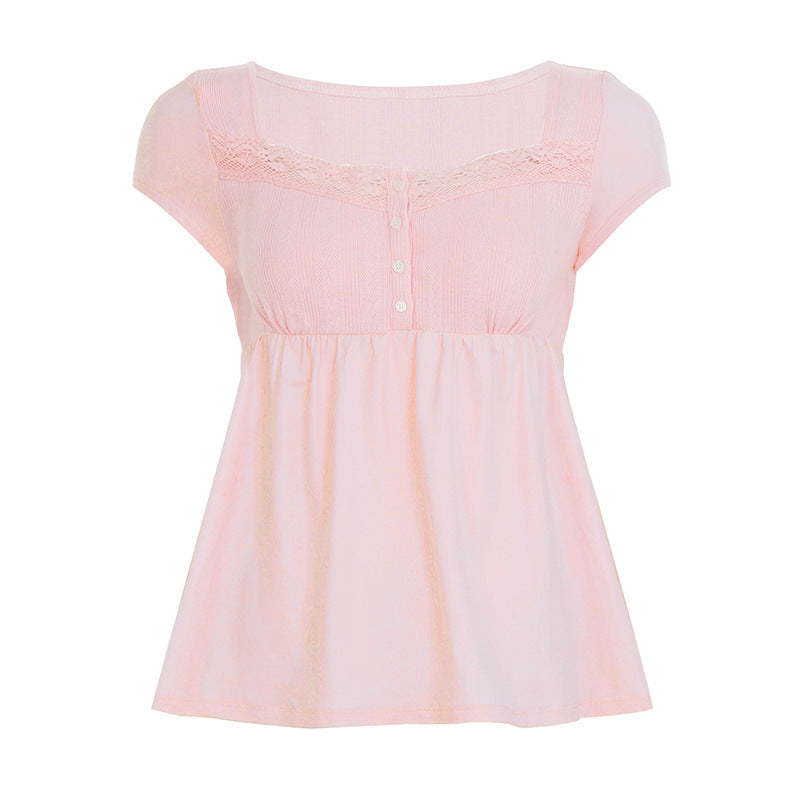 Damen lässiges T-Shirt mit Spitzenverzierung und Knopfdetails R&B