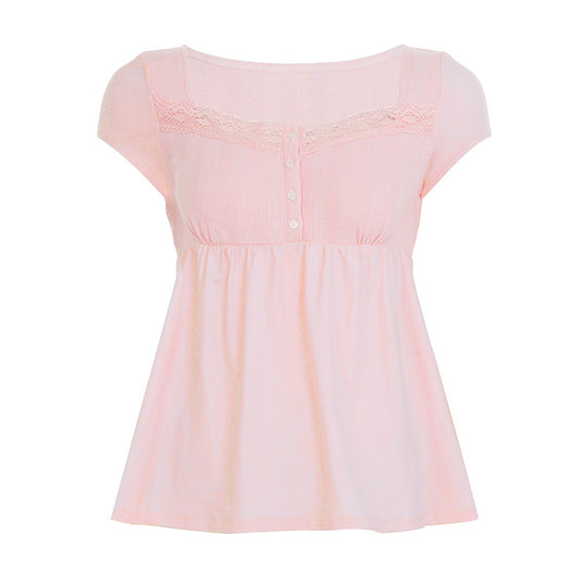 Damen lässiges T-Shirt mit Spitzenverzierung und Knopfdetails R&B