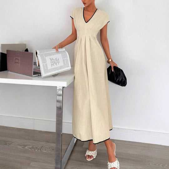 Damen Fließendes Maxikleid mit V-Ausschnitt und schwingendem Rock R&B