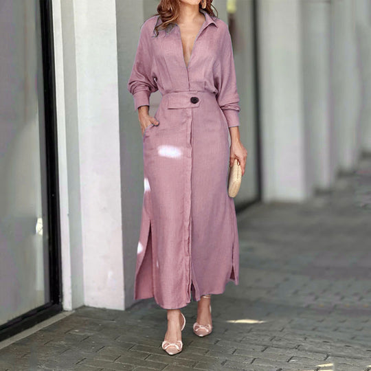 Damen Maxikleid aus leichtem Leinen mit eleganter Knopfleiste und praktischen Seitenschlitzen R&B