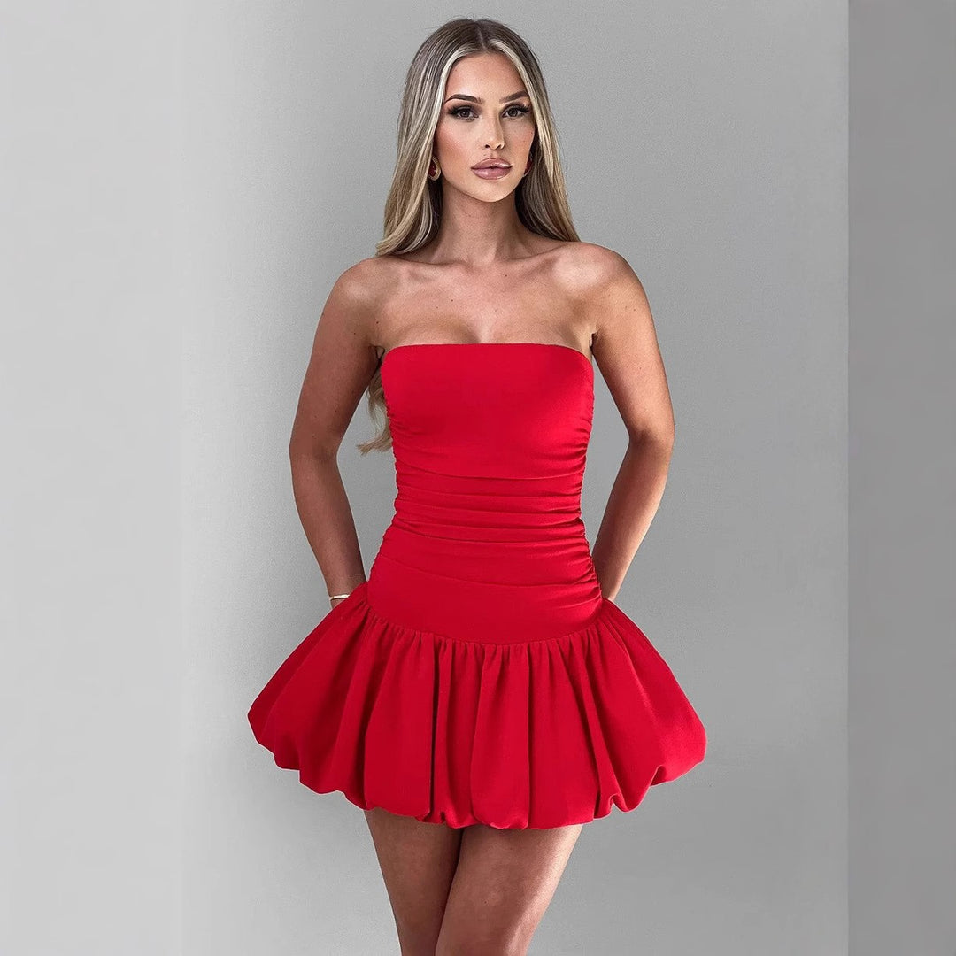Damen figurbetontes, trägerloses Minikleid mit Rüschen und elastischem Taillenbund R&B