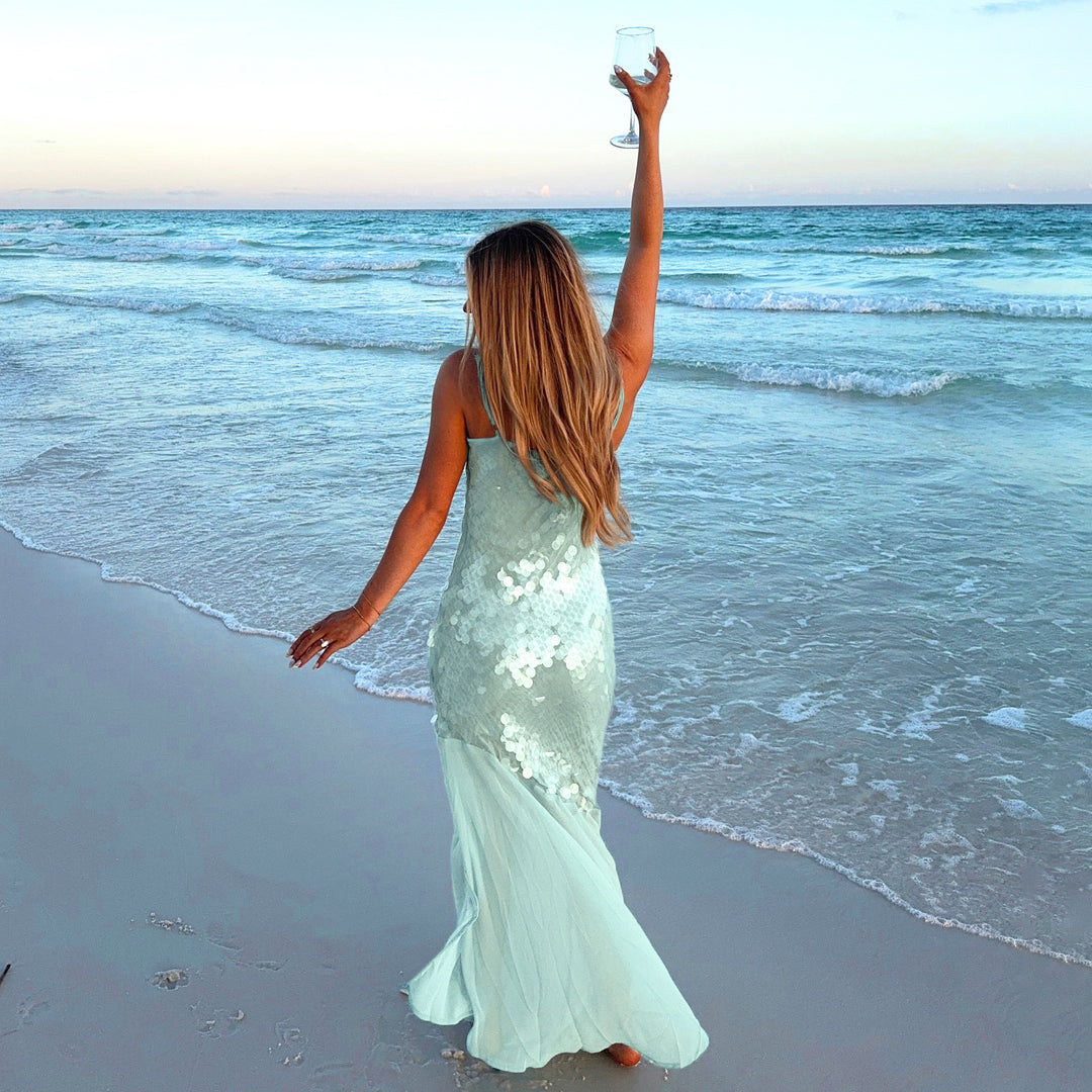 Damen Maxikleid mit glitzernden Pailletten und fließendem Rock R&B