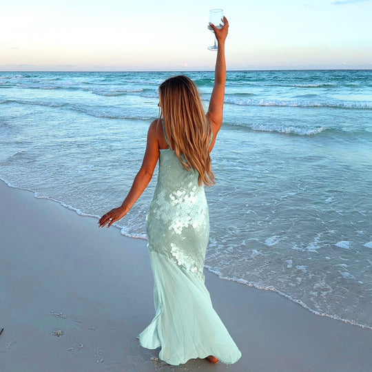 Damen Maxikleid mit glitzernden Pailletten und fließendem Rock R&B
