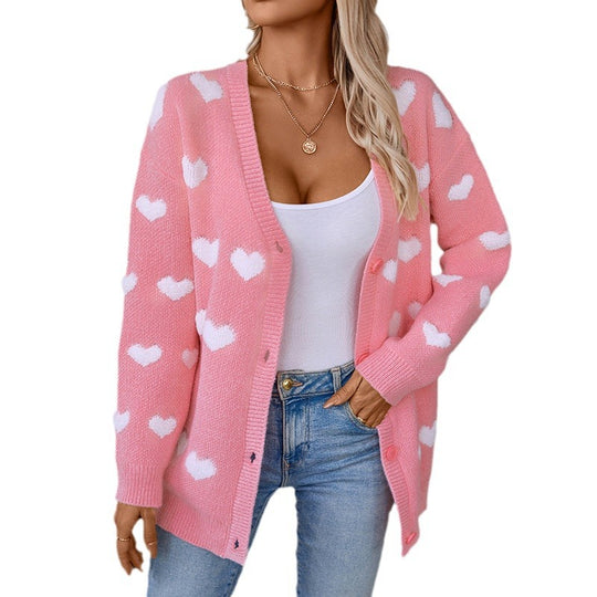 Damen gemütliche Strickjacke mit Herzmuster und V-Ausschnitt R&B