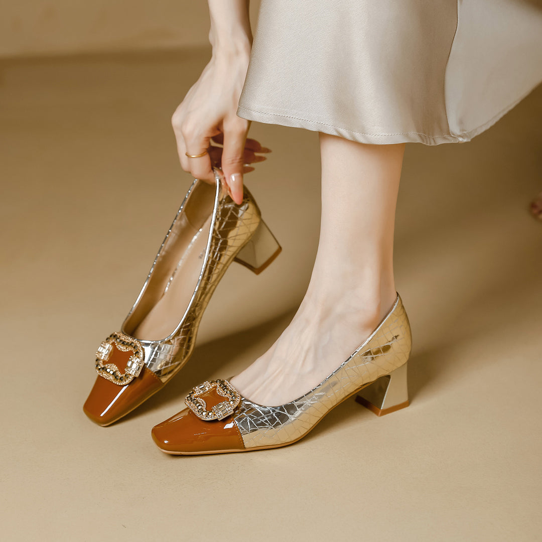 Damen elegante Pumps mit glänzender Schnalle und modischem Blockabsatz R&B