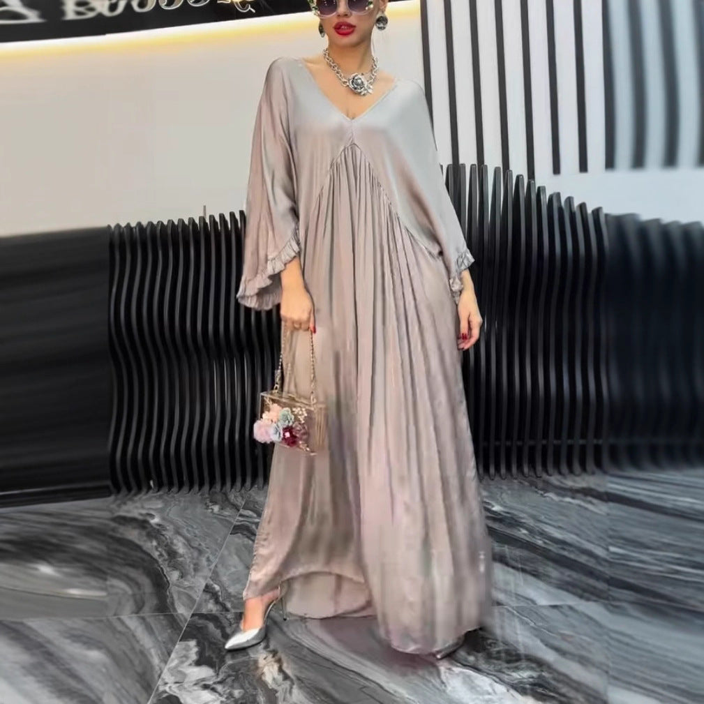 Damen Maxi-Kleid mit weit geschnittenem Design und elegantem V-Ausschnitt R&B