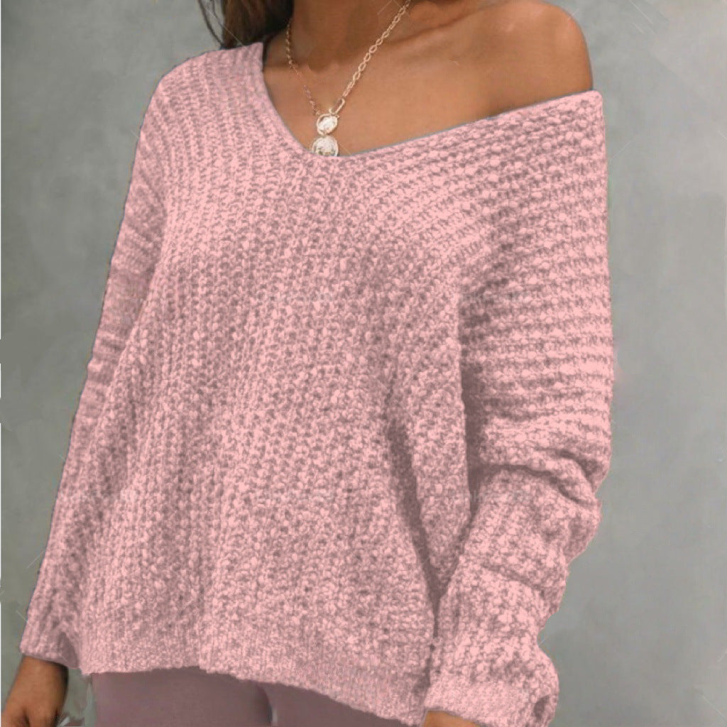 Damen Lässiger Strickpullover mit weitem V-Ausschnitt und off-Shoulder Stil R&B