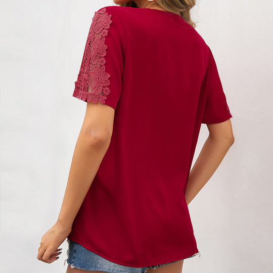 Damen Bluse mit Spitzenakzenten und V-Ausschnitt R&B