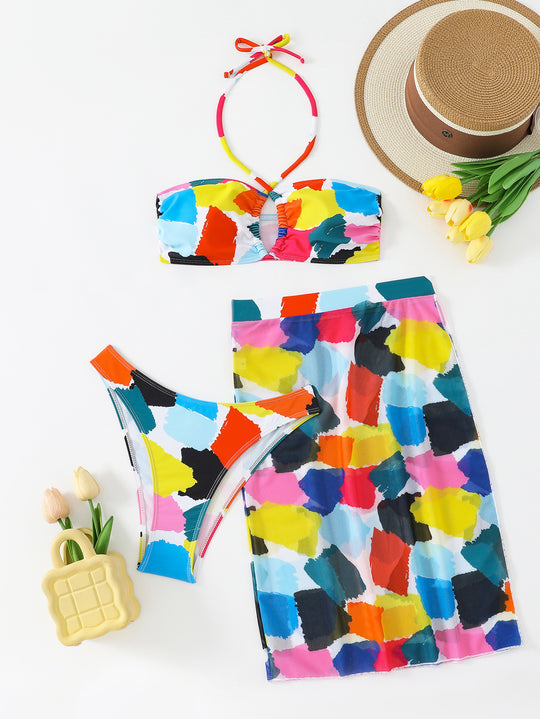 Damen Bunt bedrucktes Bikini-Set mit luftigem Überrock R&B