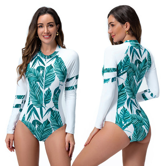 Damen Langarm-Schwimmanzug mit exotischem Blätterdesign R&B