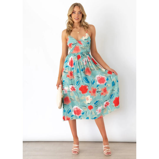 Damen Midikleid mit elegantem Wickeldesign und floralem Mustermix R&B