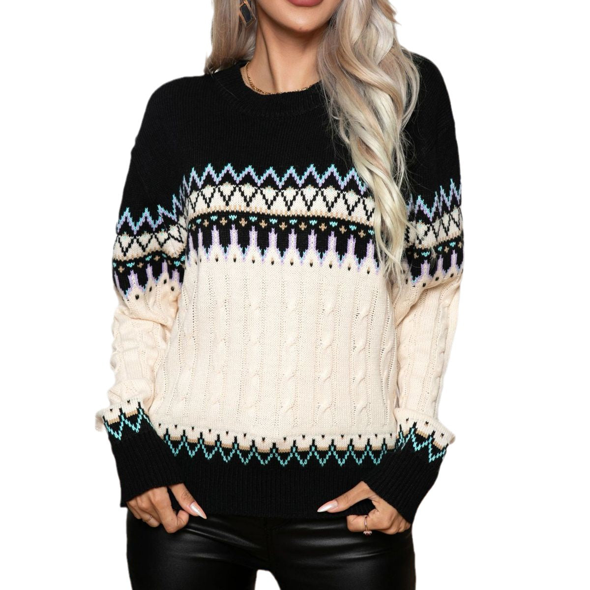 Damen Strickpullover mit Nordic-Muster und hohem Kragen R&B