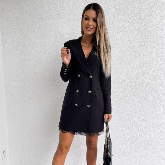 Damen eleganter Doppelknee-Blazer mit Spitzenbesatz R&B