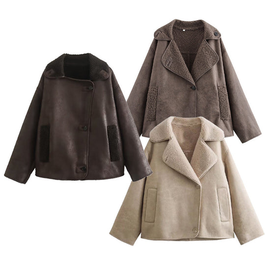 Damen Kunstpelzjacke mit stilvollem Kragen und praktischen Taschen R&B