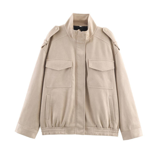 Damen Kunstlederjacke mit praktischen Pattentaschen und modernem Stehkragen R&B