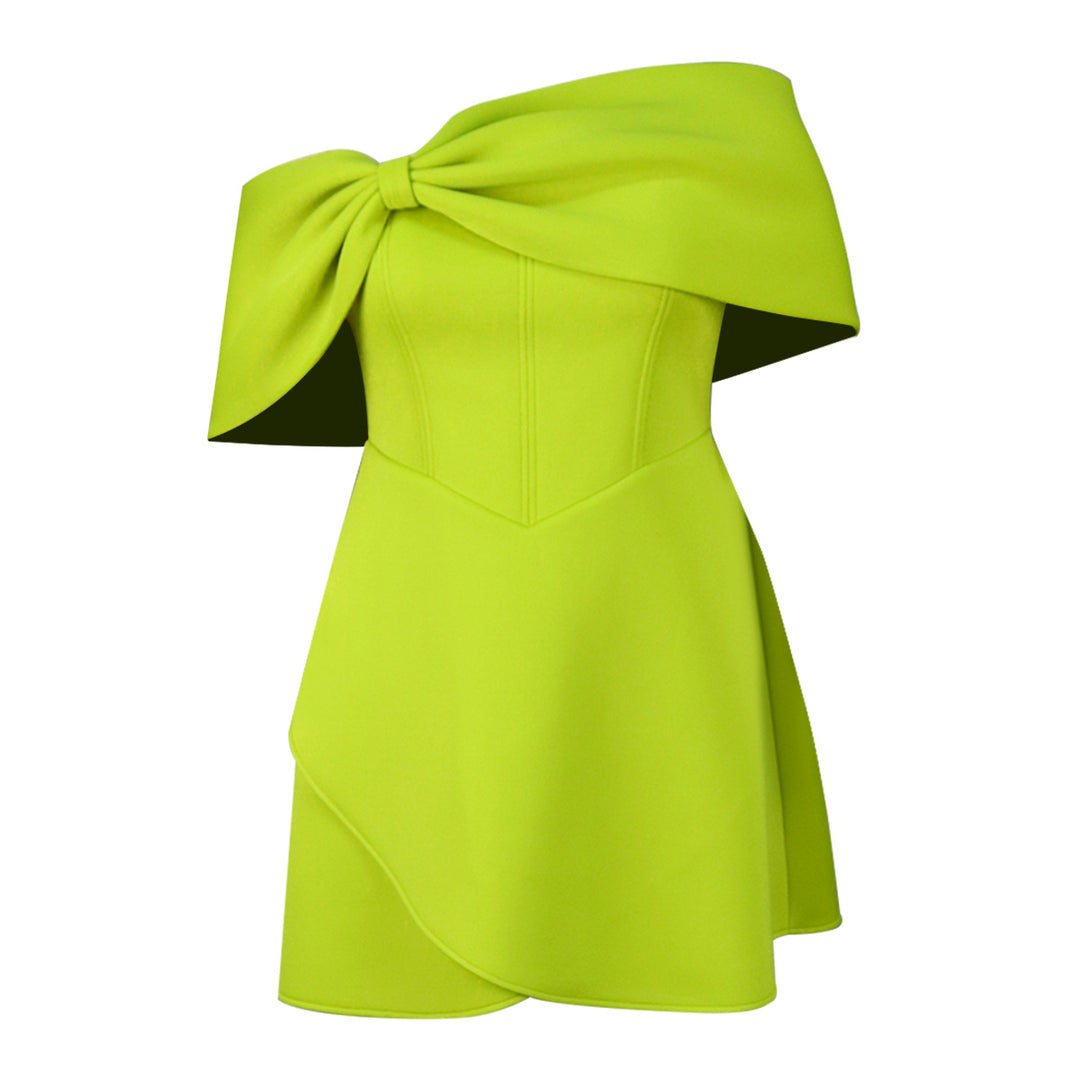 Damen elegantes Minikleid mit asymmetrischem Schnitt und voluminösem Überwurf R&B