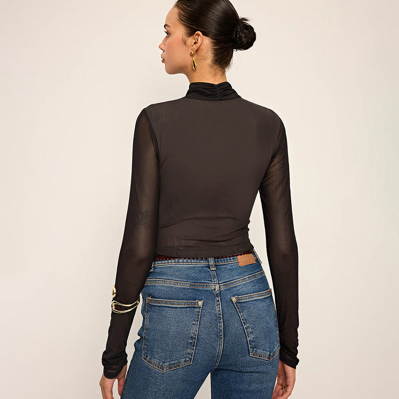 Damen Elegantes Wickeloberteil mit transparentem Stoff und langen Ärmeln R&B