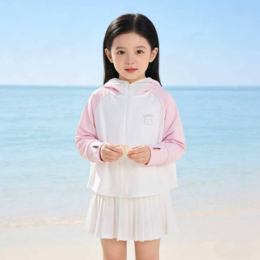Unisex Nan Kids hoch UPF bewertete Kapuzen-Sonnen-Schutzjacke mit Reißverschluss-Gesichtsschutz und Pferdeschwanzöffnung R&B
