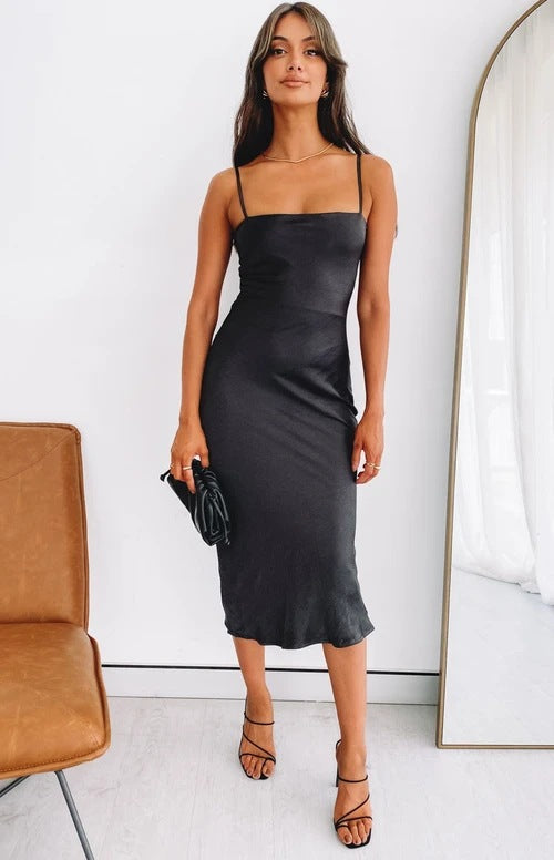 Damen Satin-Midikleid mit schmalen Spaghettiträgern und elegantem Schnitt R&B