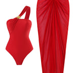 Damen einseitiger Badeanzug mit elegantem Drapierungsdesign und passendem Pareo R&B