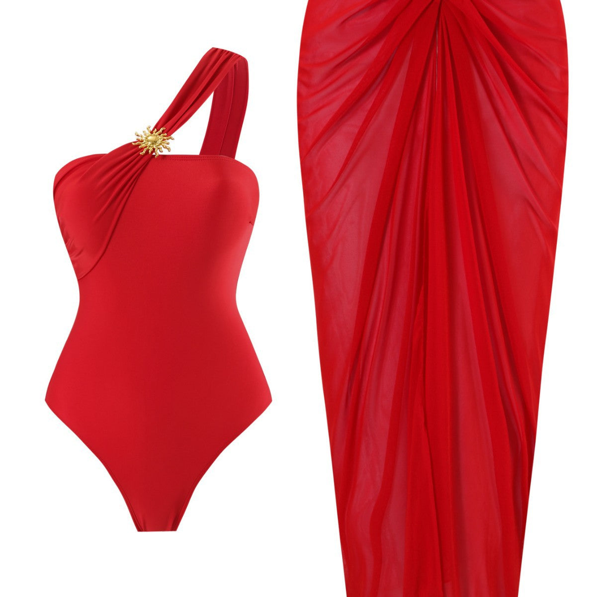 Damen einseitiger Badeanzug mit elegantem Drapierungsdesign und passendem Pareo R&B