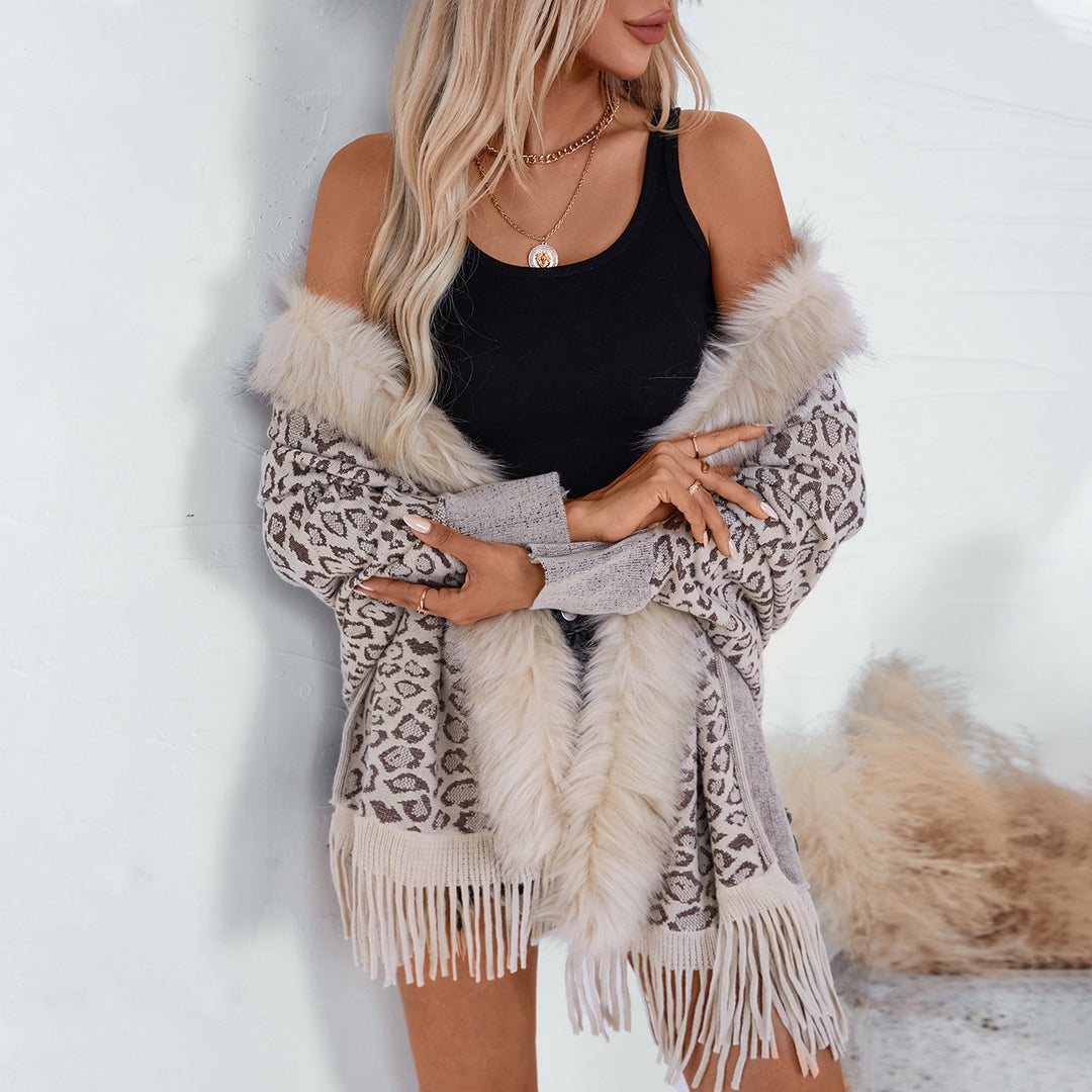 Damen eleganter Strickponcho mit luxuriösem Kunstfellkragen und fransigem Saum R&B