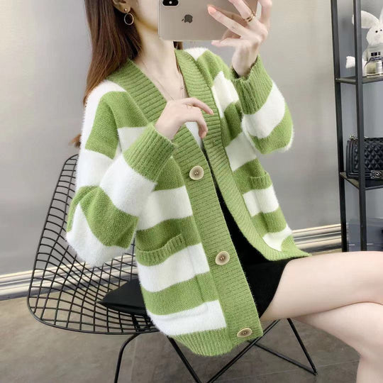 Damen Grobstrick-Cardigan mit Breton-Streifen und praktischen Taschen R&B