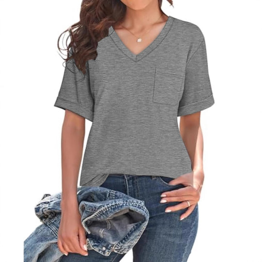 Damen Viskose V-Ausschnitt T-Shirt mit Brusttasche und lässigem Schnitt R&B