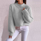 Damen kuscheliger Strickpullover mit hohem Kragen und strukturiertem Muster R&B