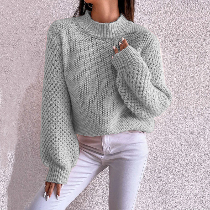 Damen kuscheliger Strickpullover mit hohem Kragen und strukturiertem Muster R&B