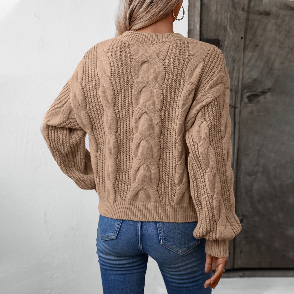 Damen grob gestrickter Pullover mit voluminösen Ärmeln und Zopfmuster R&B