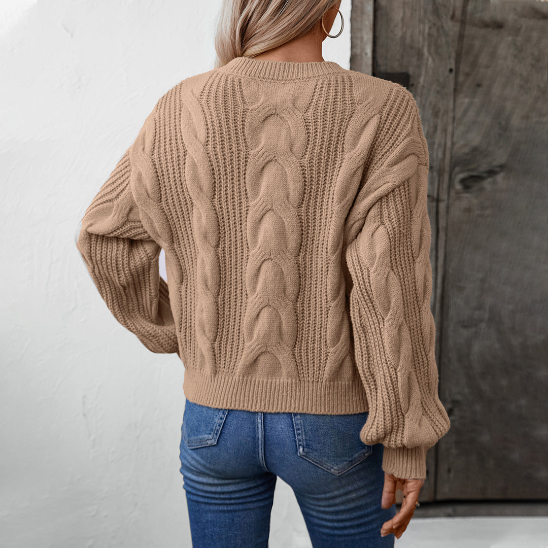 Damen grob gestrickter Pullover mit voluminösen Ärmeln und Zopfmuster R&B