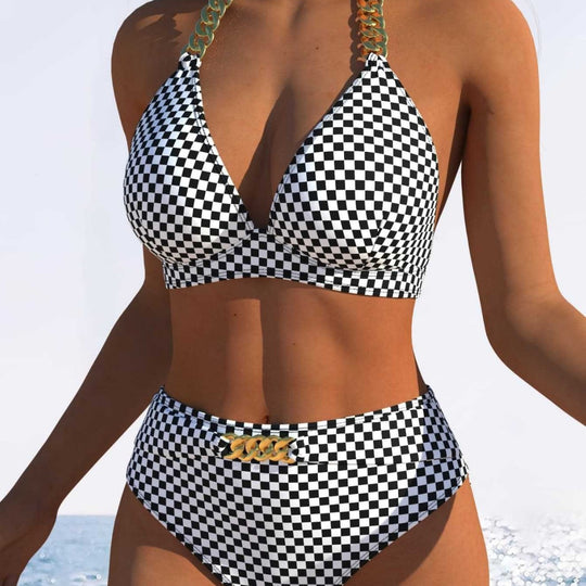 Damen Bikini-Set mit stilvollem Karomuster und goldfarbenen Akzenten R&B