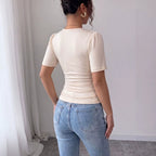 Damen nan tailliertes Drapiertes Kurzarmtop mit Perlenbesatz und V-Ausschnitt R&B