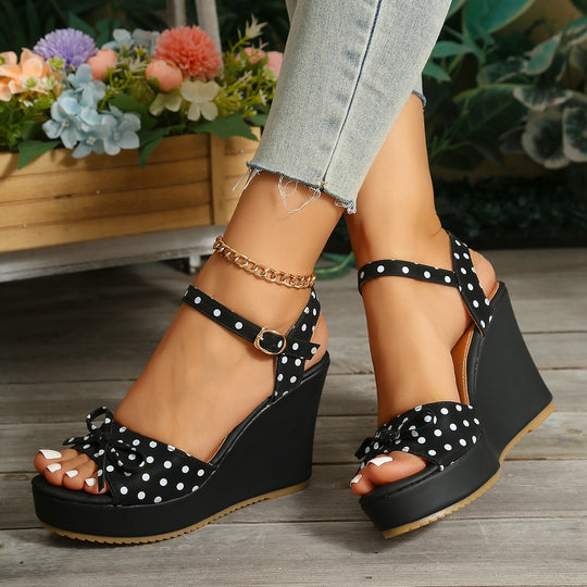Damen Wedge-Sandalen mit verspieltem Punktmuster und süßer Schleifenverzierung R&B