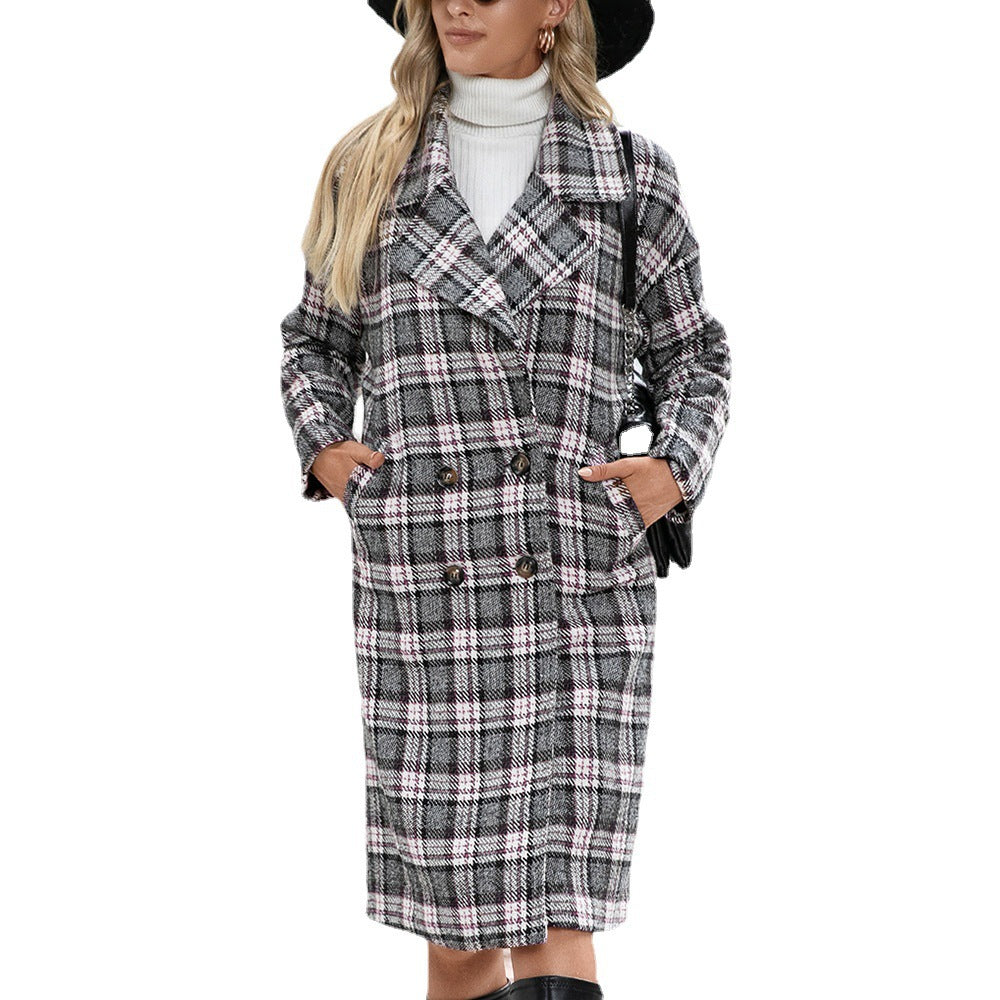 Damen Oversized Karo-Mantel im eleganten Double-Breasted Design